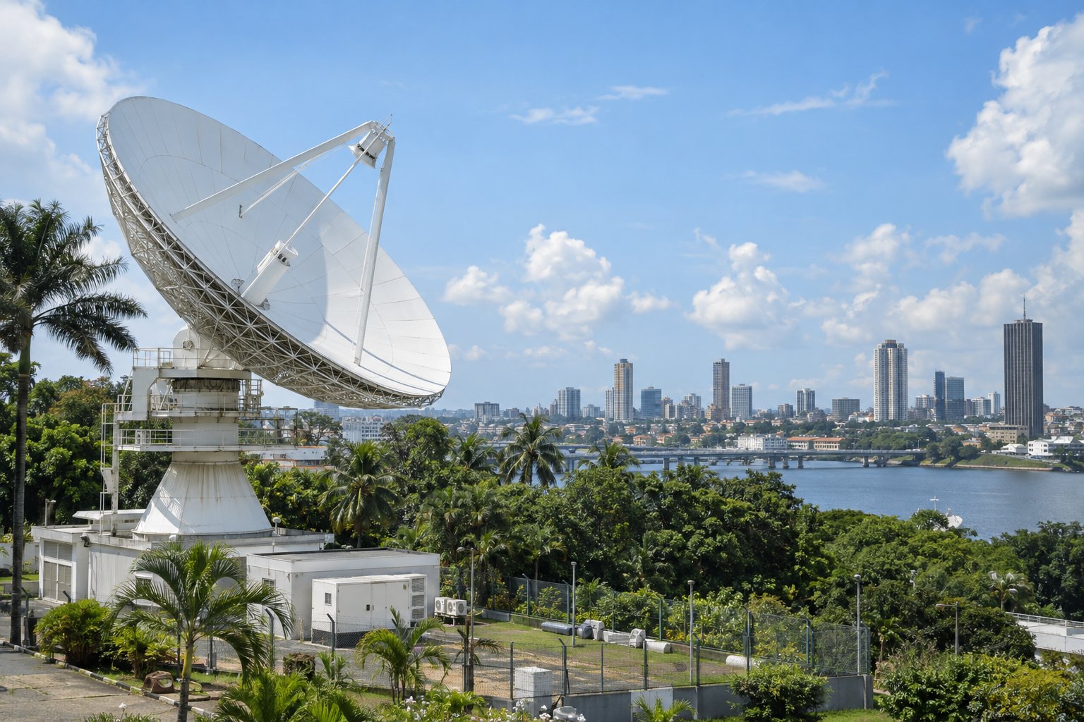 Antenne parabolique surplombant la ville et la lagune